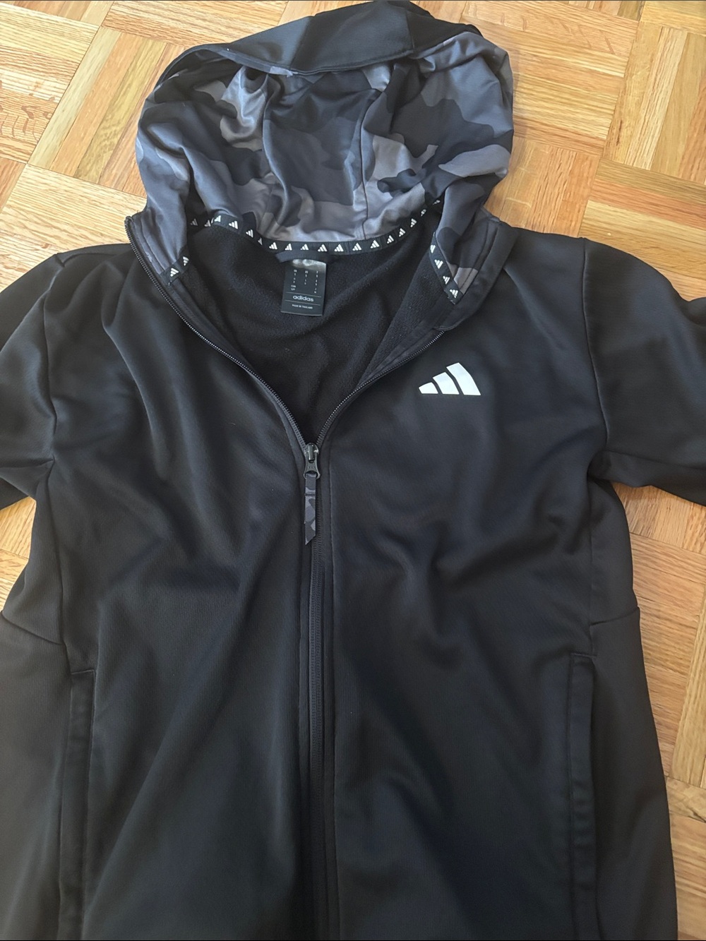 adidas Black Hooded Zip Jacket with Gray Camo Hood Lining